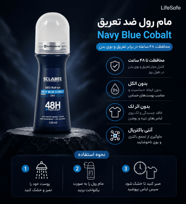 مام رول ضد تعریق اسکلاره مدل Navy Blue Cobalt Dry حجم ۱۲۰ میلیلیتر (با ماندگاری 48 ساعته)